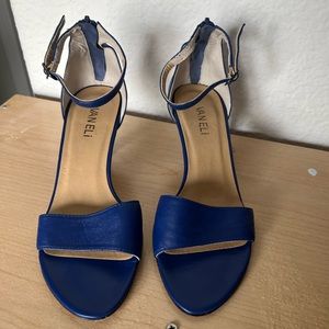 Vaneli ankle strap low heel blue leather heels